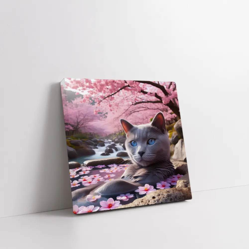 Russian Blue Cat Cherry Blossom Stream – Wall Art