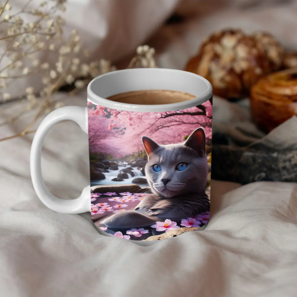 Russian Blue Cat Cherry Blossom Stream – Mugs