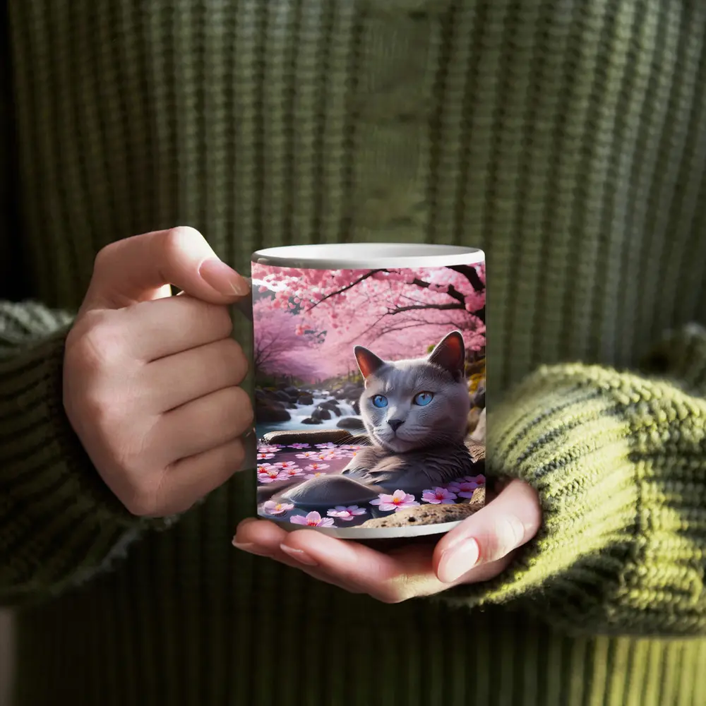 Russian Blue Cat Cherry Blossom Stream – Mugs