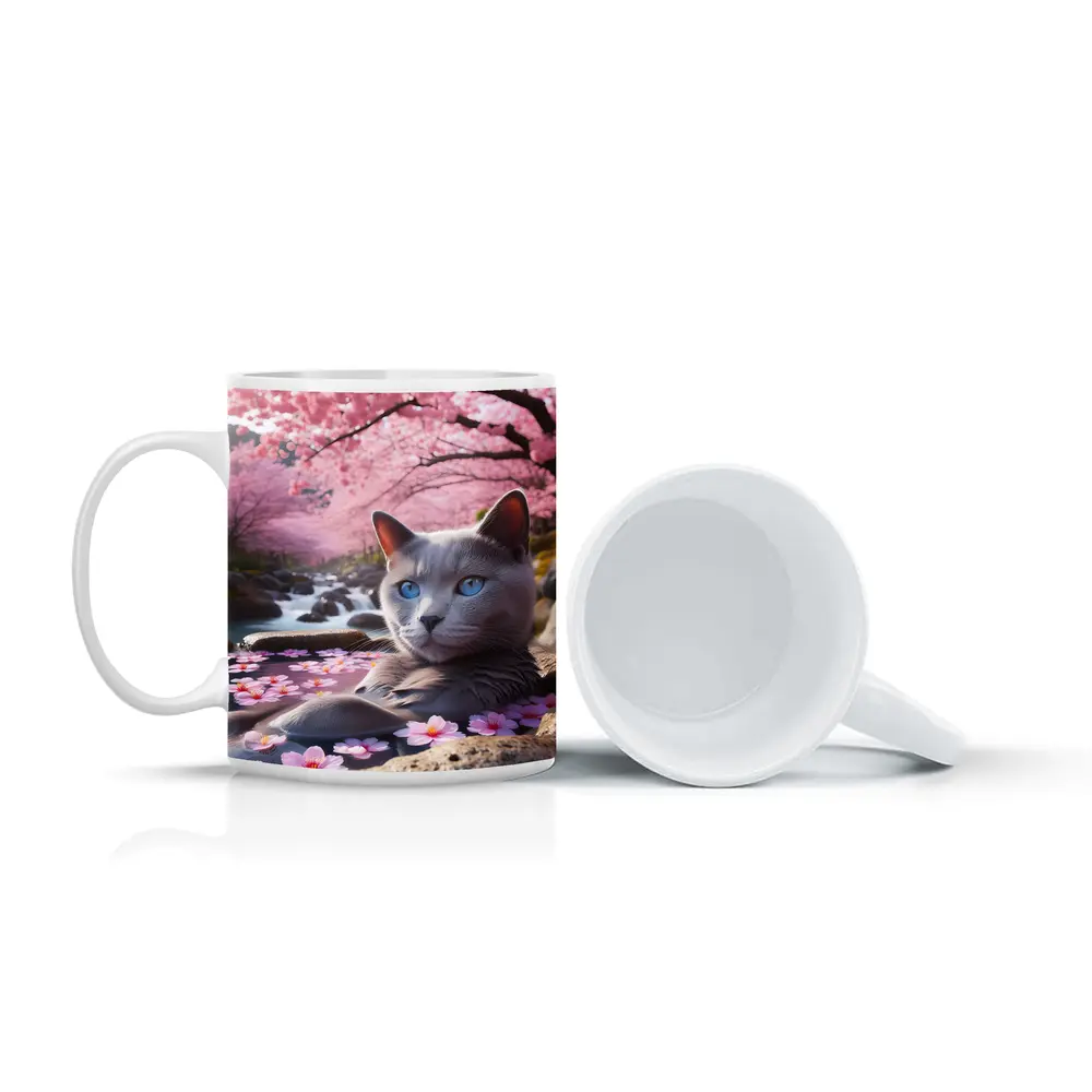 Russian Blue Cat Cherry Blossom Stream – Mugs