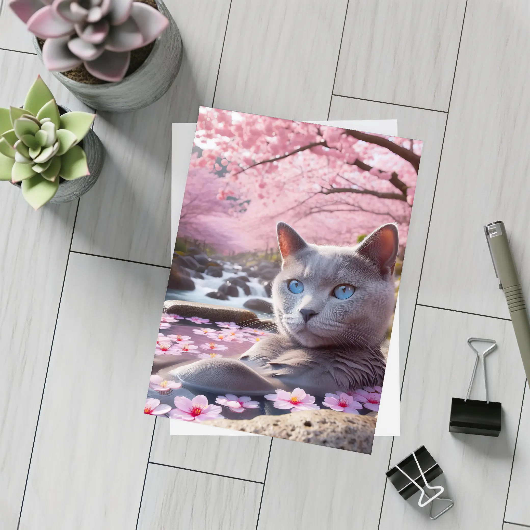 Russian Blue Cat Cherry Blossom Stream – Postcards