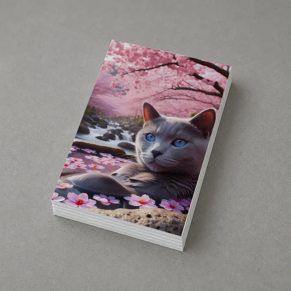 Russian Blue Cat Cherry Blossom Stream – Postcards