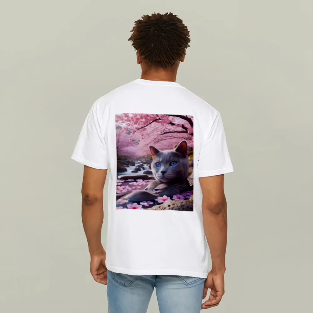 Russian Blue Cat Cherry Blossom Stream – T-Shirts