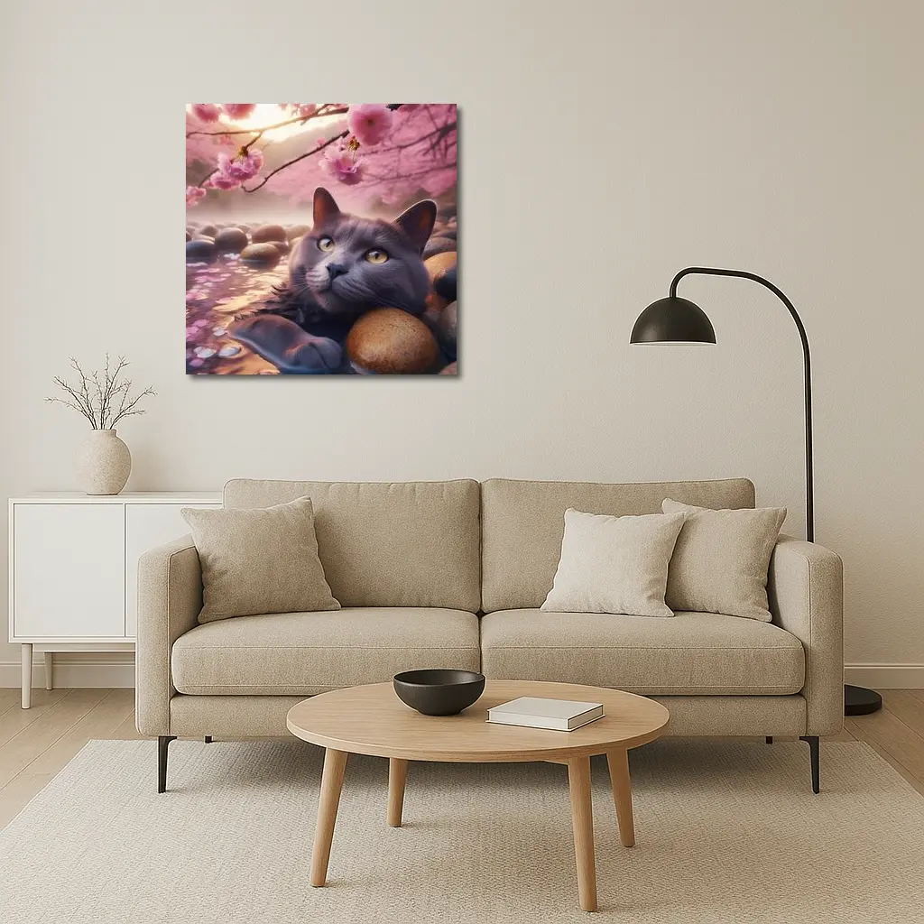 Gray Cat Resting Among Cherry Blossom Stones – Wall Art