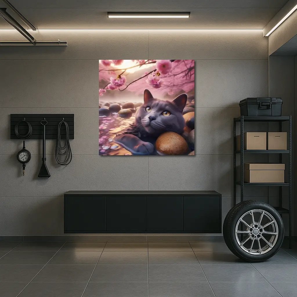 Gray Cat Resting Among Cherry Blossom Stones – Wall Art