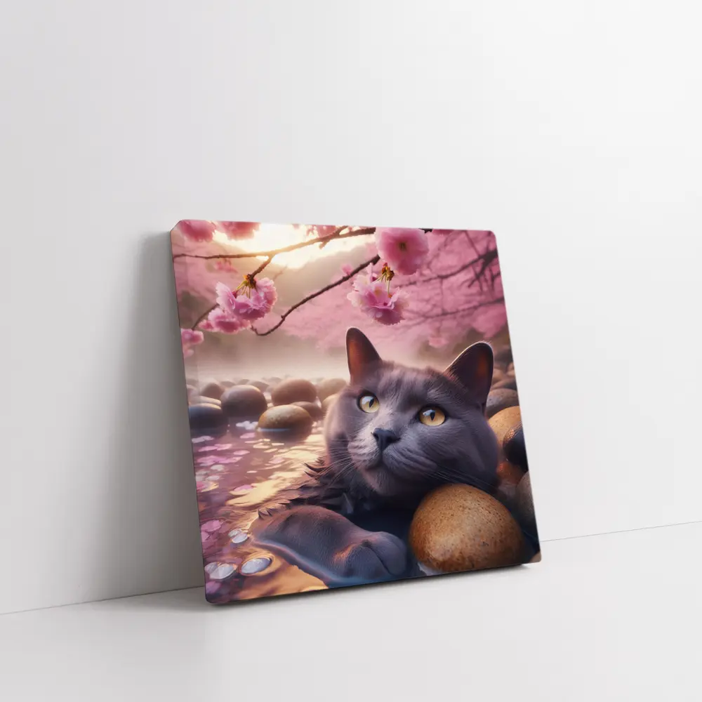 Gray Cat Resting Among Cherry Blossom Stones – Wall Art