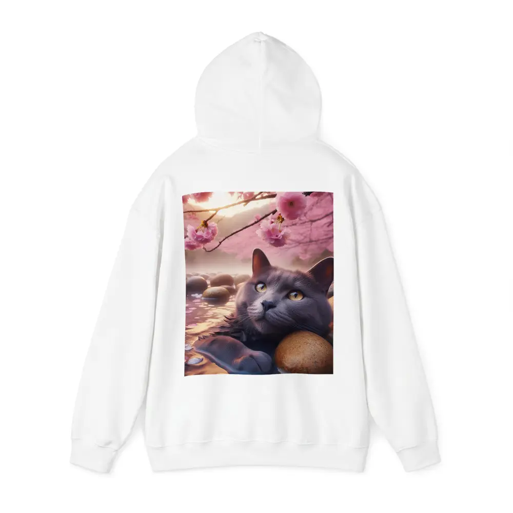 Gray Cat Resting Among Cherry Blossom Stones – Hoodies