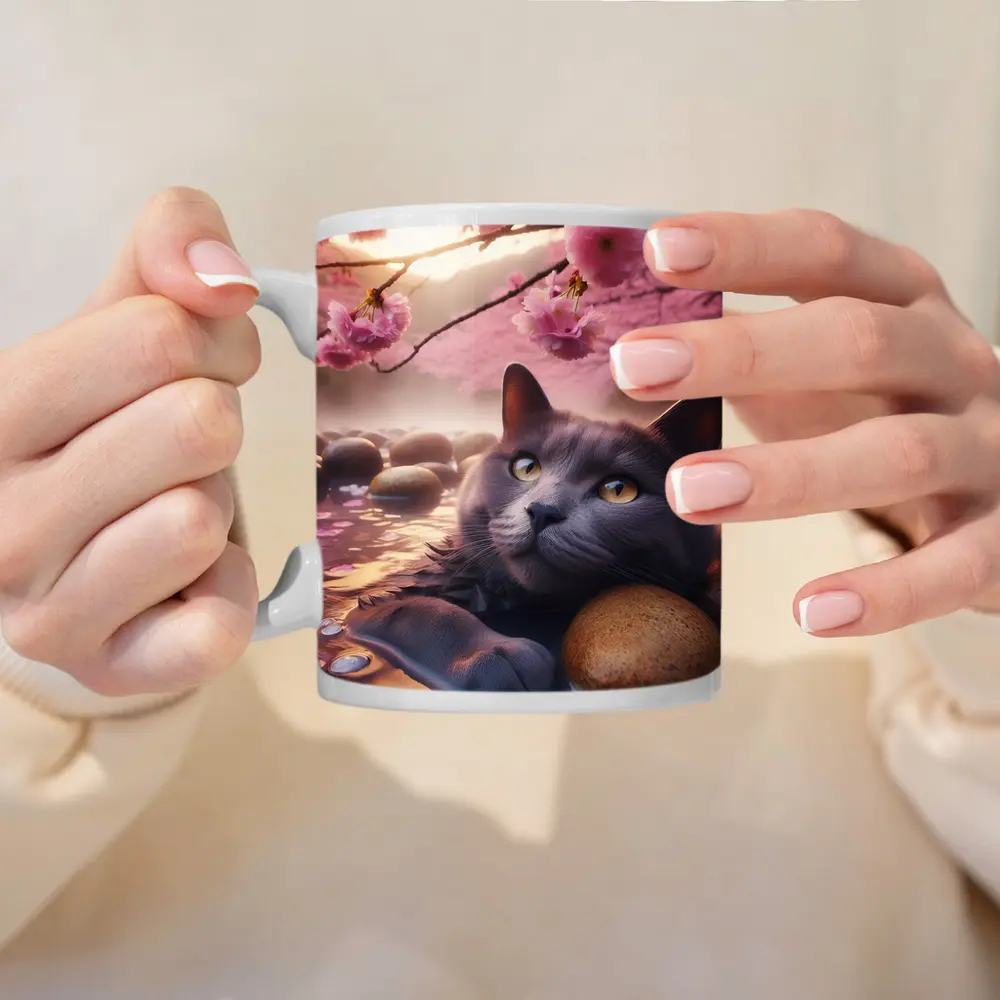 Gray Cat Resting Among Cherry Blossom Stones – Mugs