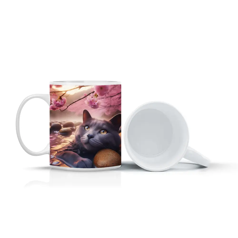Gray Cat Resting Among Cherry Blossom Stones – Mugs