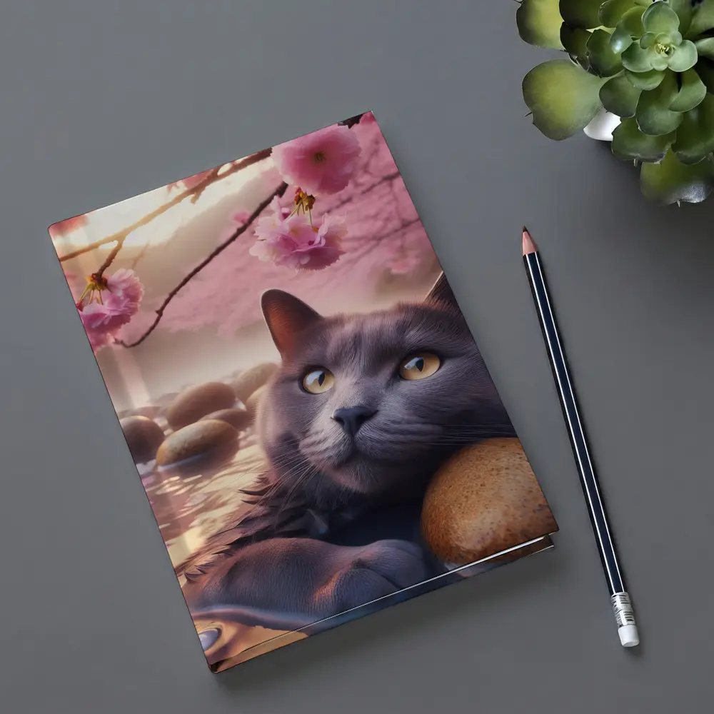 Gray Cat Resting Among Cherry Blossom Stones – Notebooks