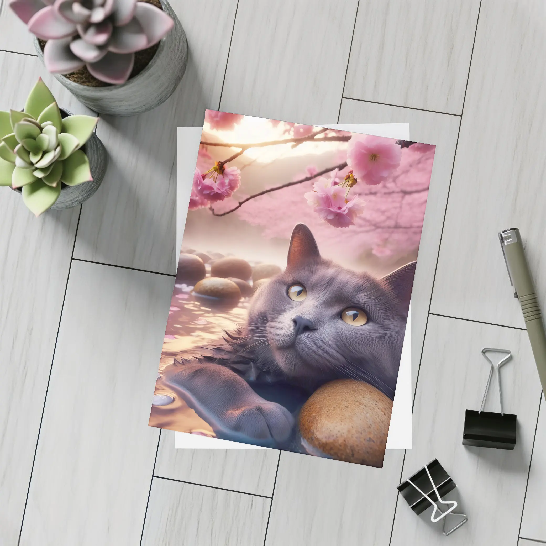 Gray Cat Resting Among Cherry Blossom Stones – Postcards