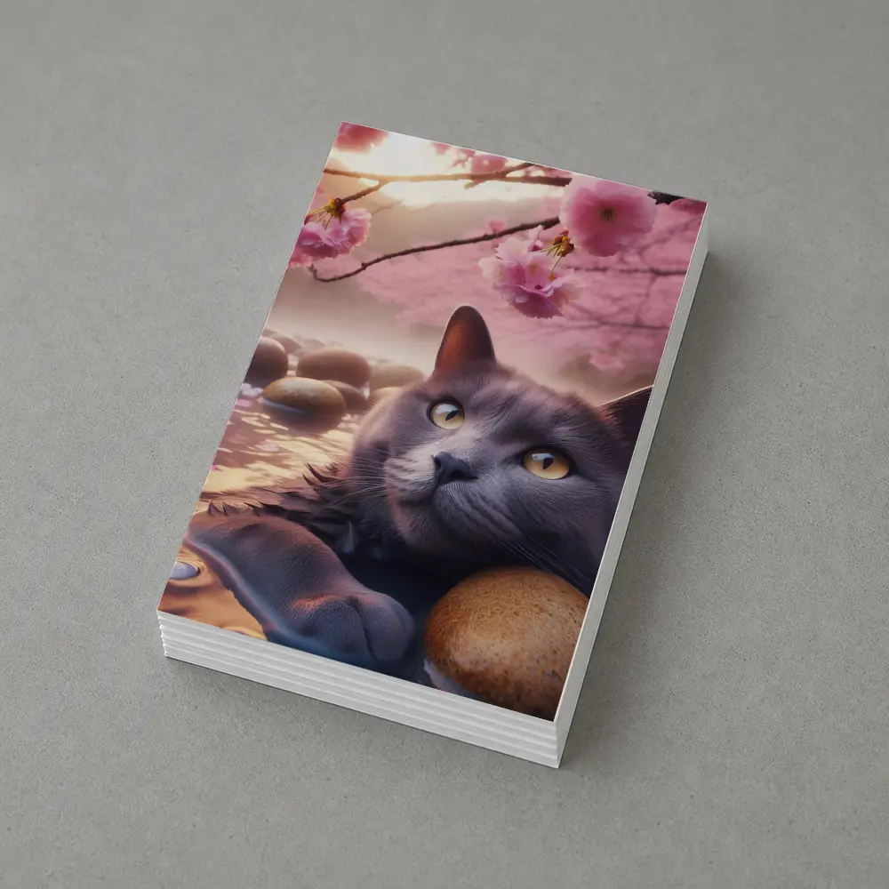 Gray Cat Resting Among Cherry Blossom Stones – Postcards