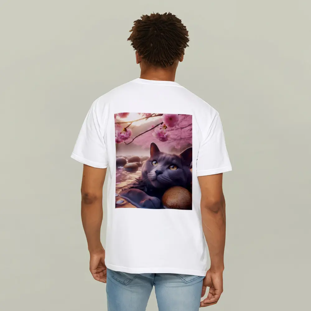 Gray Cat Resting Among Cherry Blossom Stones – T-Shirts
