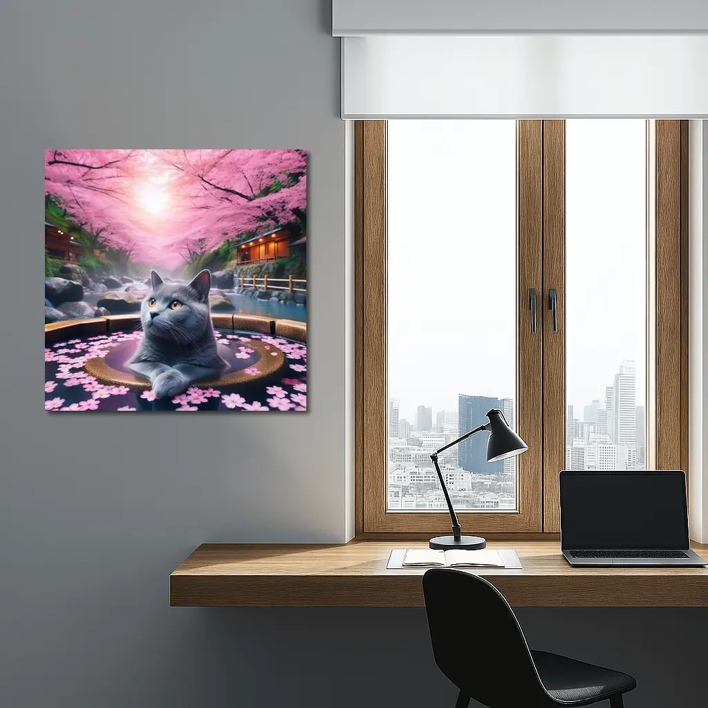 Russian Blue Cat Cherry Blossom Hot Spring – Wall Art