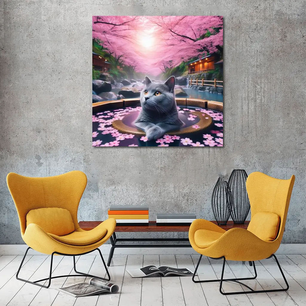 Russian Blue Cat Cherry Blossom Hot Spring – Wall Art