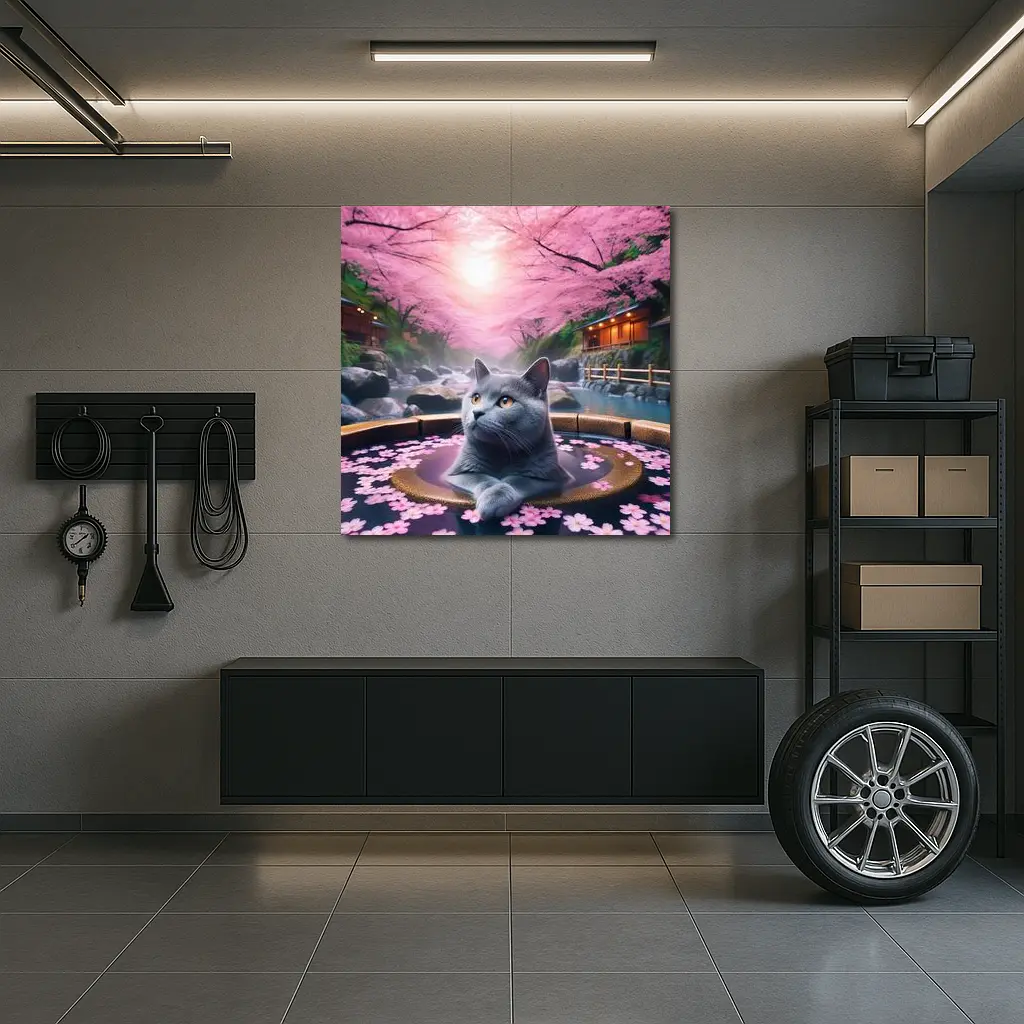 Russian Blue Cat Cherry Blossom Hot Spring – Wall Art
