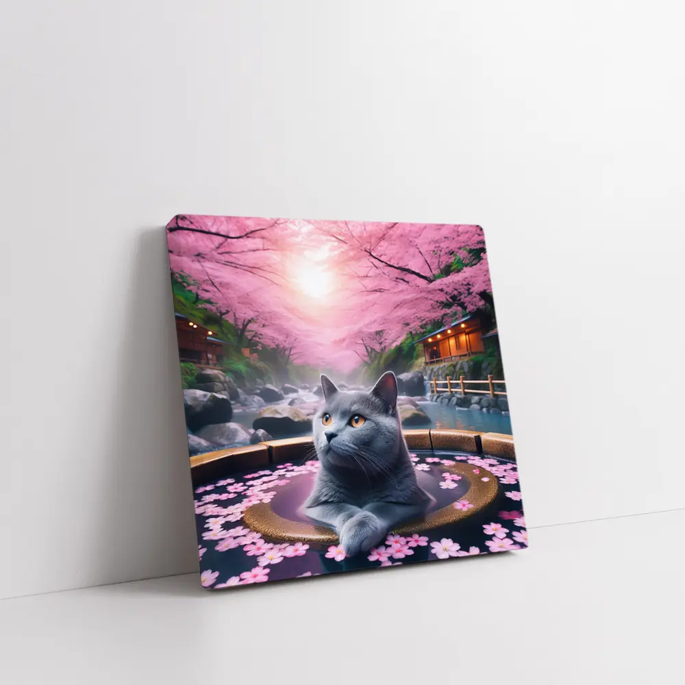 Russian Blue Cat Cherry Blossom Hot Spring – Wall Art