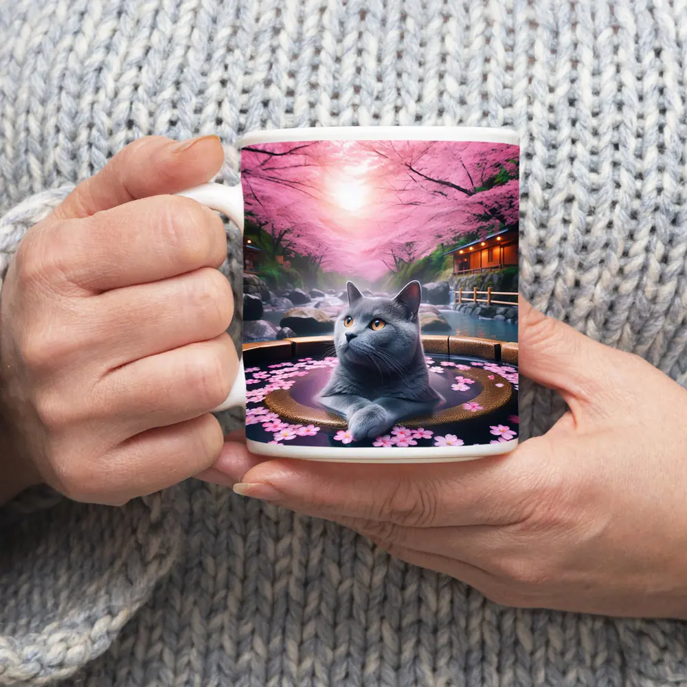 Russian Blue Cat Cherry Blossom Hot Spring – Mugs