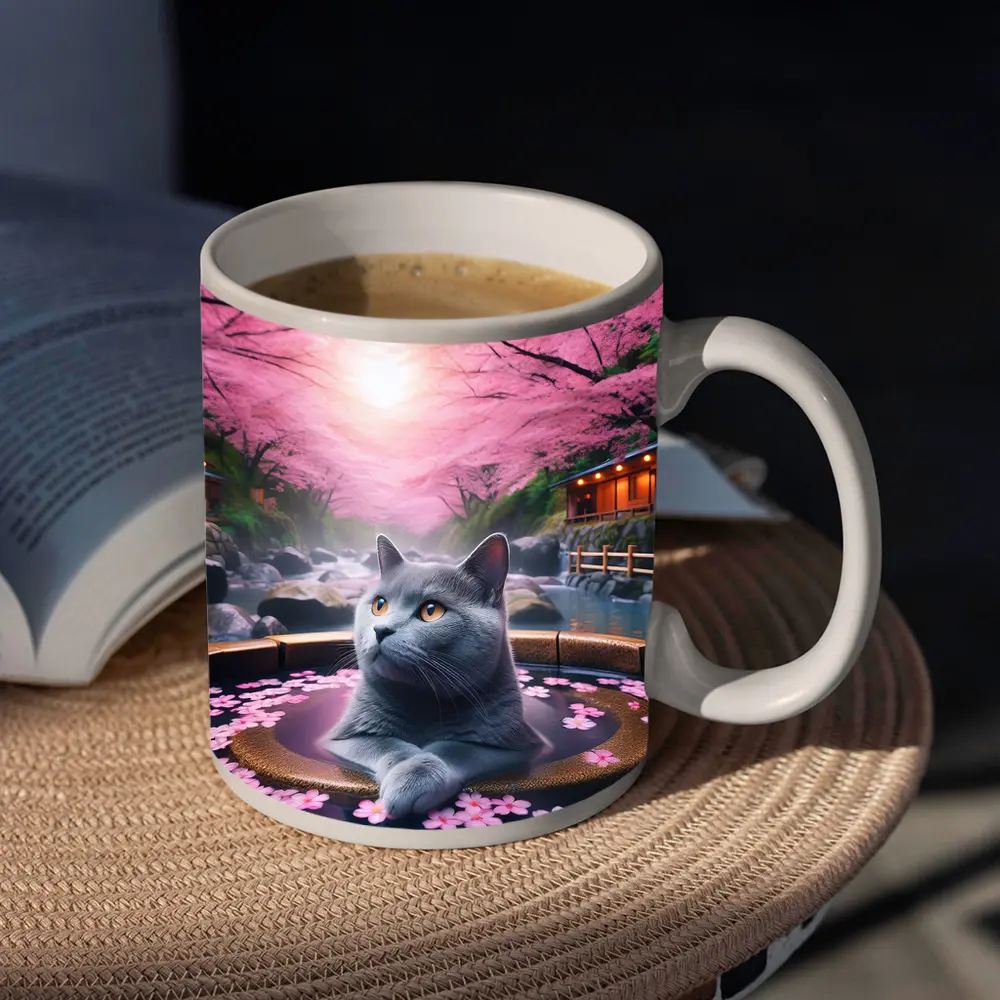 Russian Blue Cat Cherry Blossom Hot Spring – Mugs
