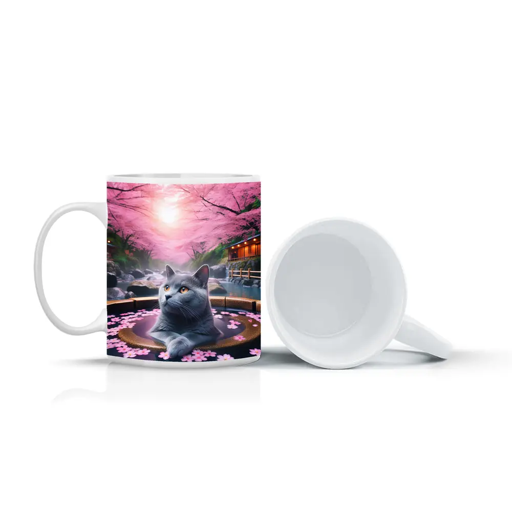Russian Blue Cat Cherry Blossom Hot Spring – Mugs