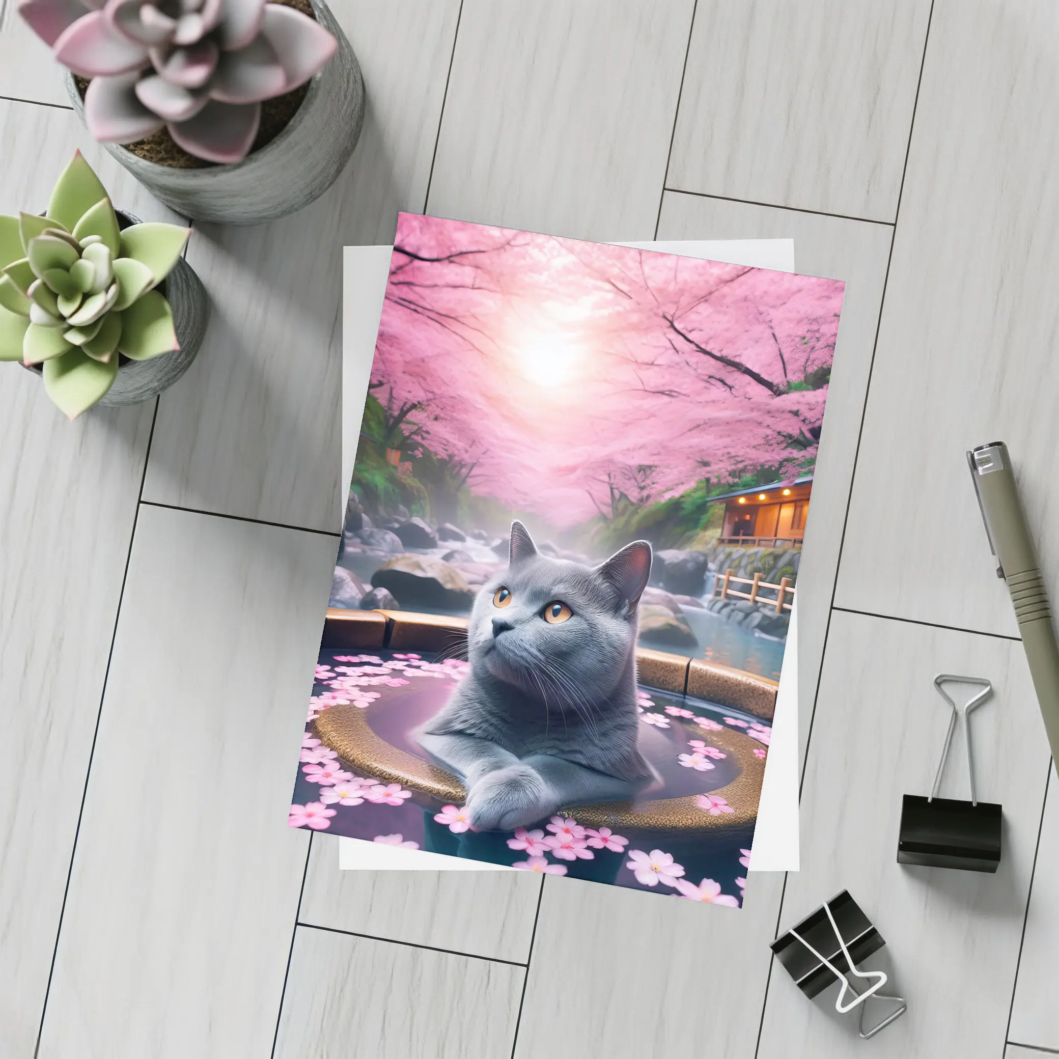 Russian Blue Cat Cherry Blossom Hot Spring – Postcards