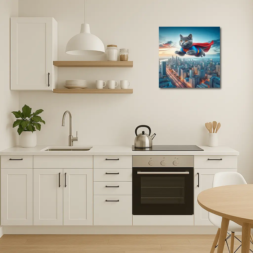British Shorthair Cat Superman Flying City – Wall Art