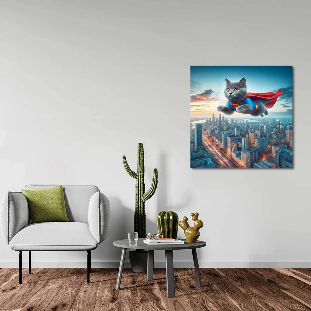 British Shorthair Cat Superman Flying City – Wall Art