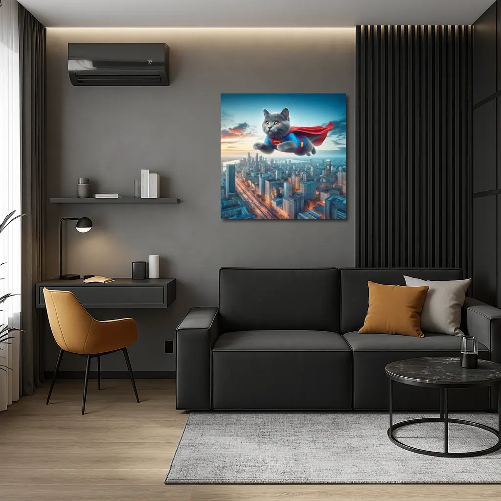 British Shorthair Cat Superman Flying City – Wall Art