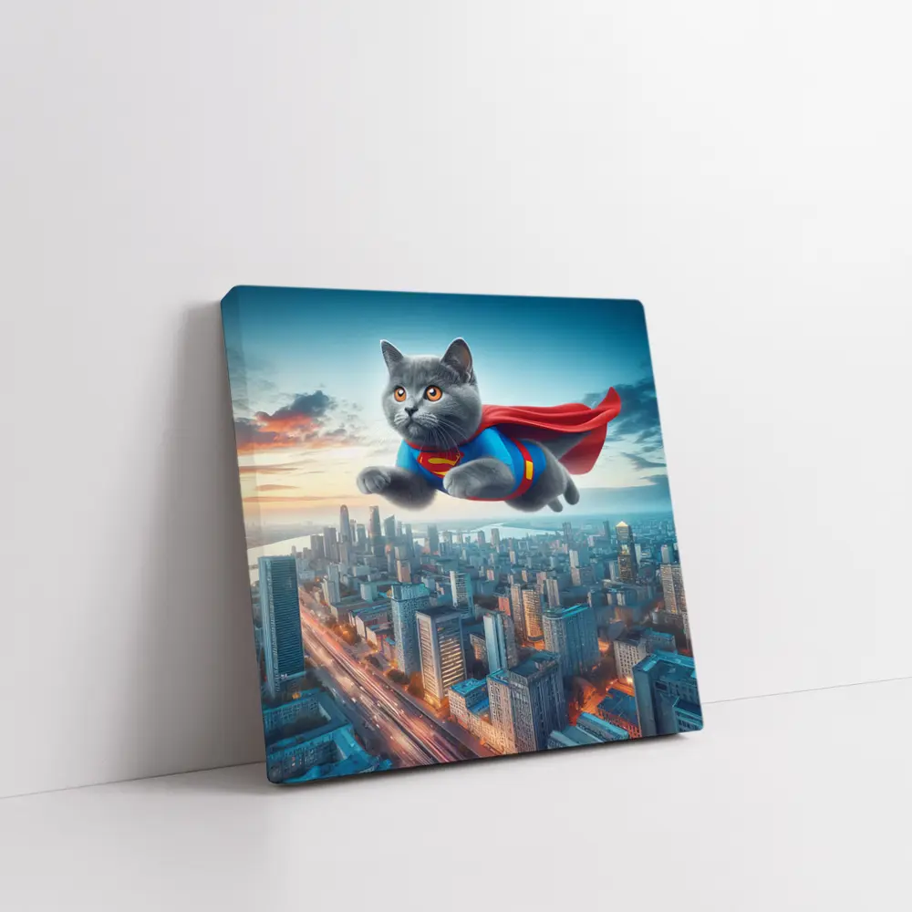 British Shorthair Cat Superman Flying City – Wall Art