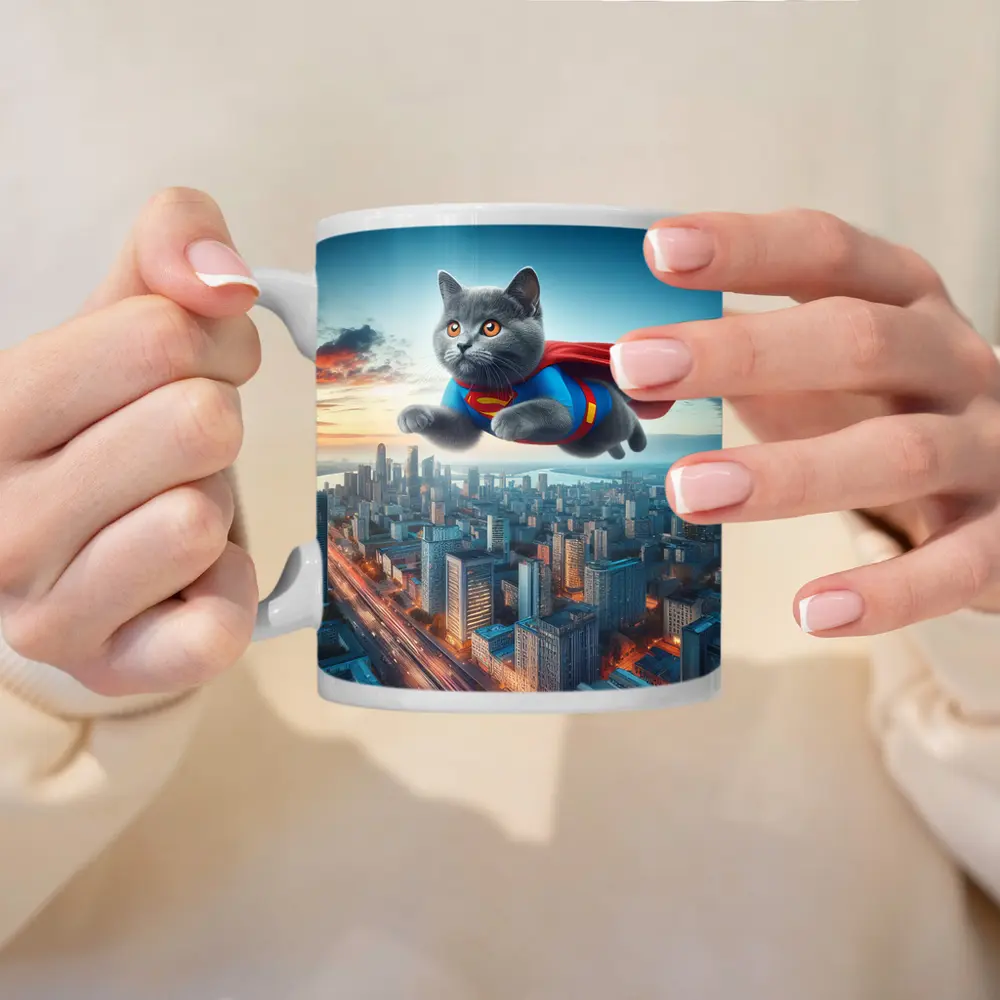 British Shorthair Cat Superman Flying City – Mugs