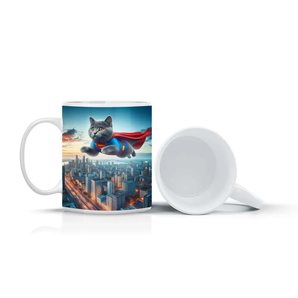 British Shorthair Cat Superman Flying City – Mugs