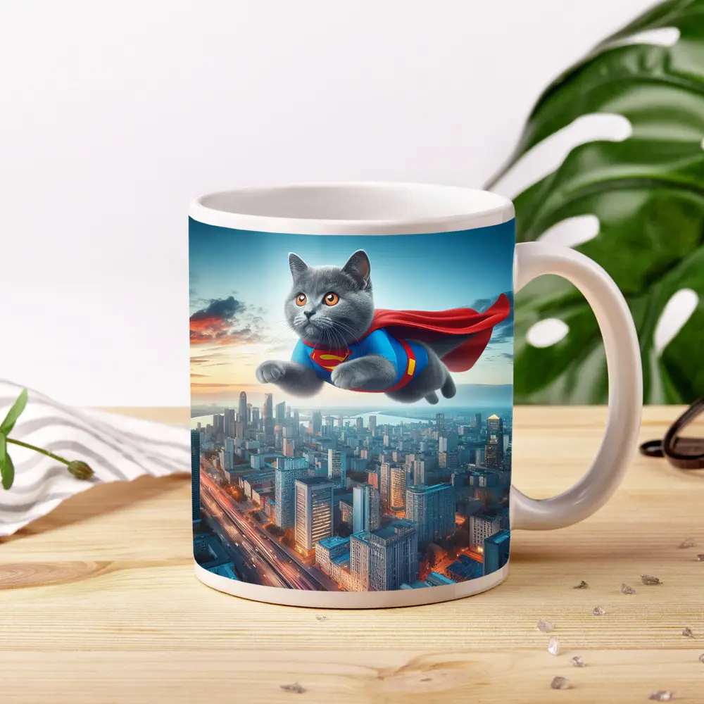 British Shorthair Cat Superman Flying City – Mugs