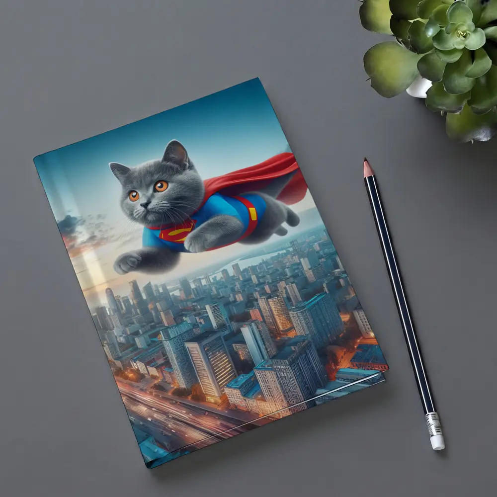 British Shorthair Cat Superman Flying City – Notebooks