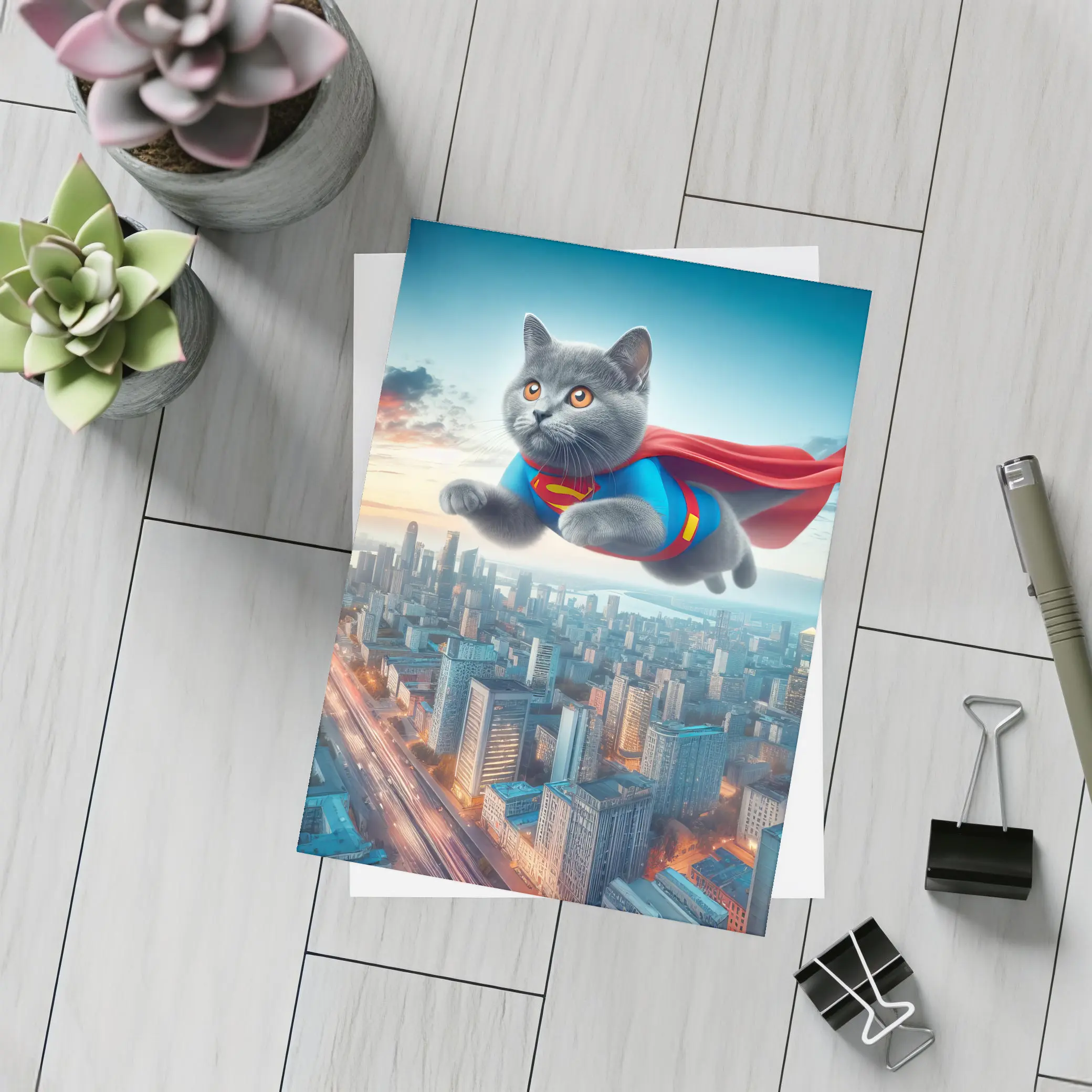 British Shorthair Cat Superman Flying City – Postcards