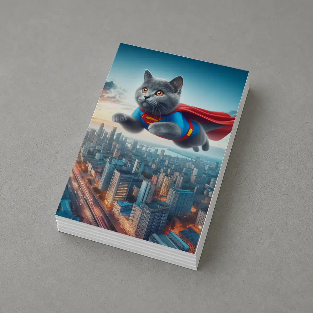 British Shorthair Cat Superman Flying City – Postcards