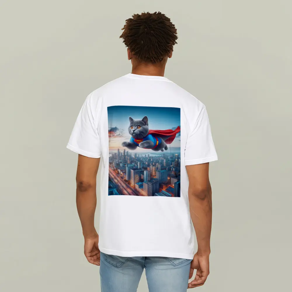 British Shorthair Cat Superman Flying City – T-Shirts