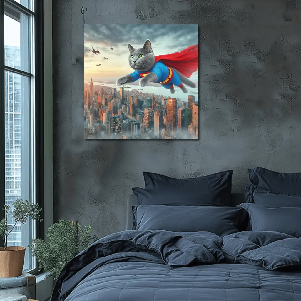 Gray Cat Superman Flying Over City – Wall Art