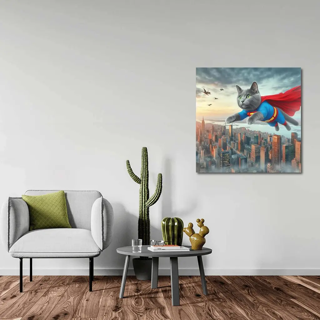 Gray Cat Superman Flying Over City – Wall Art