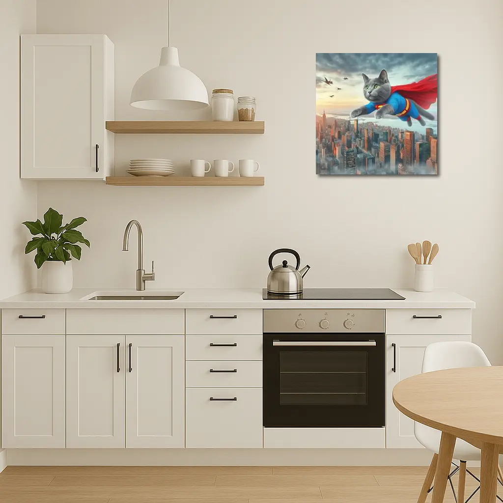 Gray Cat Superman Flying Over City – Wall Art
