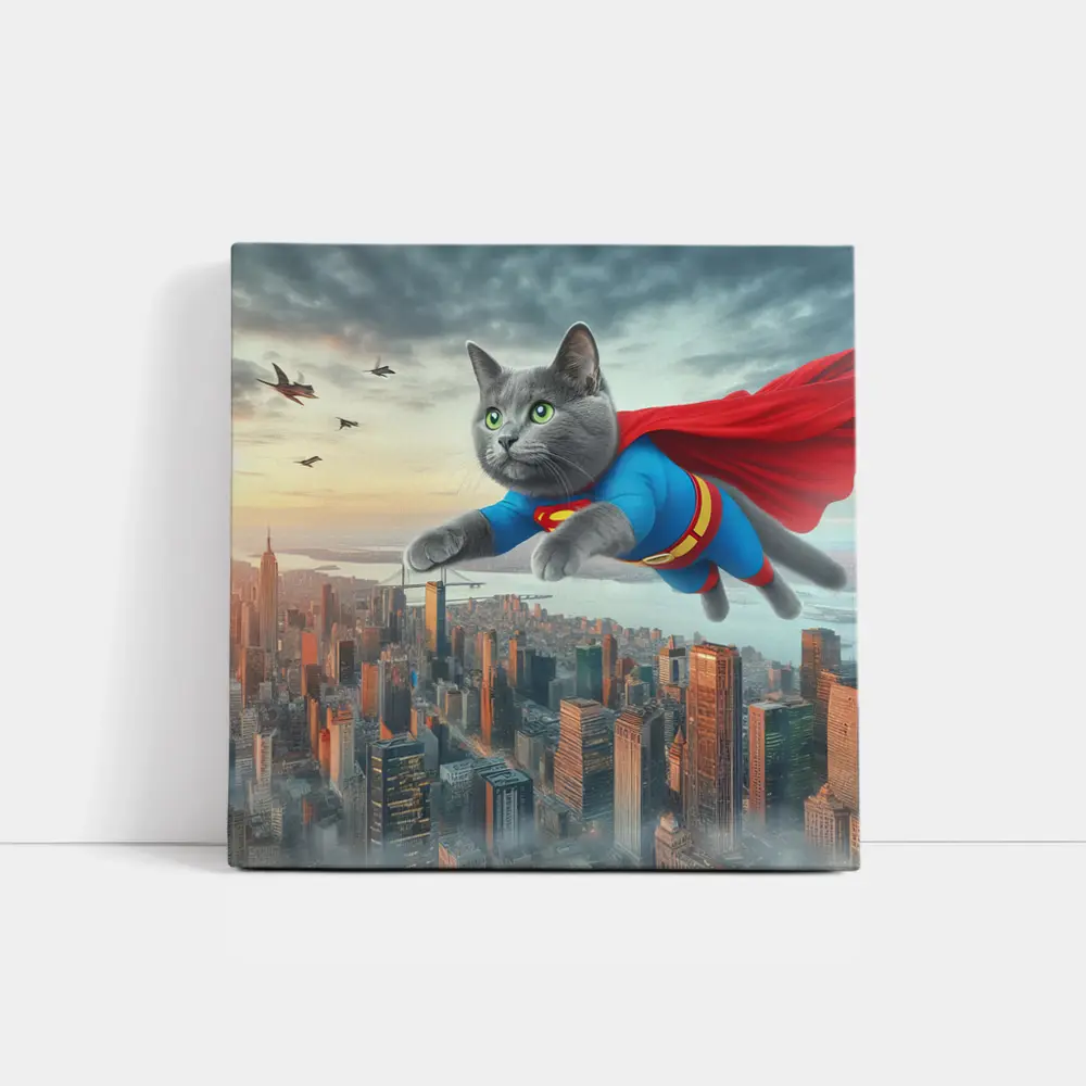 Gray Cat Superman Flying Over City – Wall Art