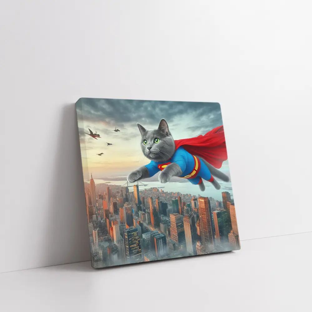Gray Cat Superman Flying Over City – Wall Art