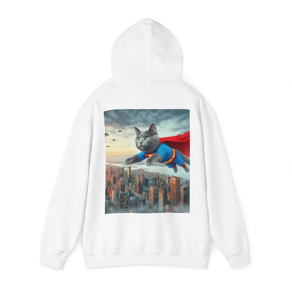 Gray Cat Superman Flying Over City – Hoodies