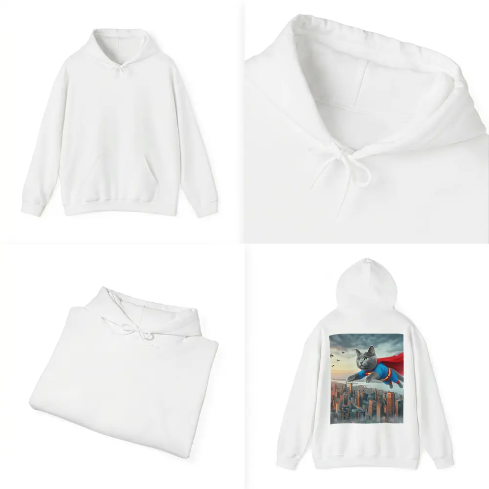 Gray Cat Superman Flying Over City – Hoodies