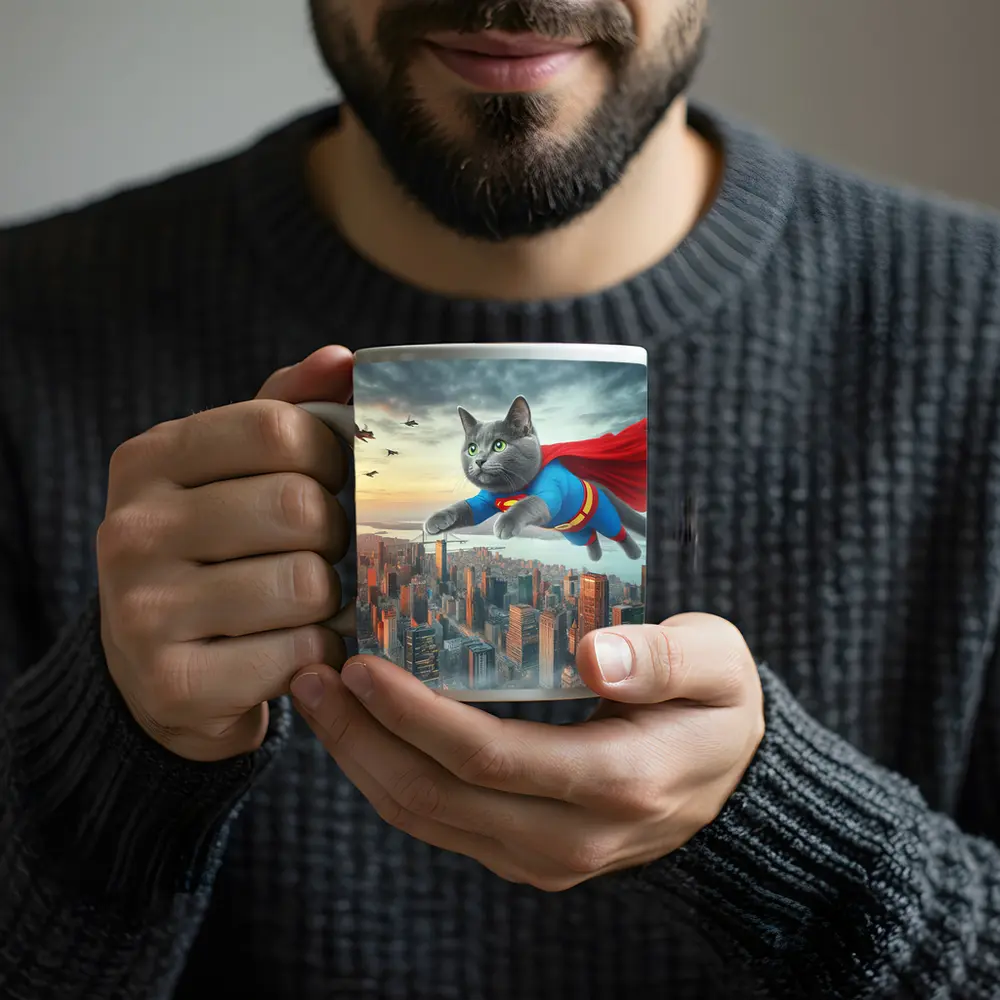 Gray Cat Superman Flying Over City – Mugs