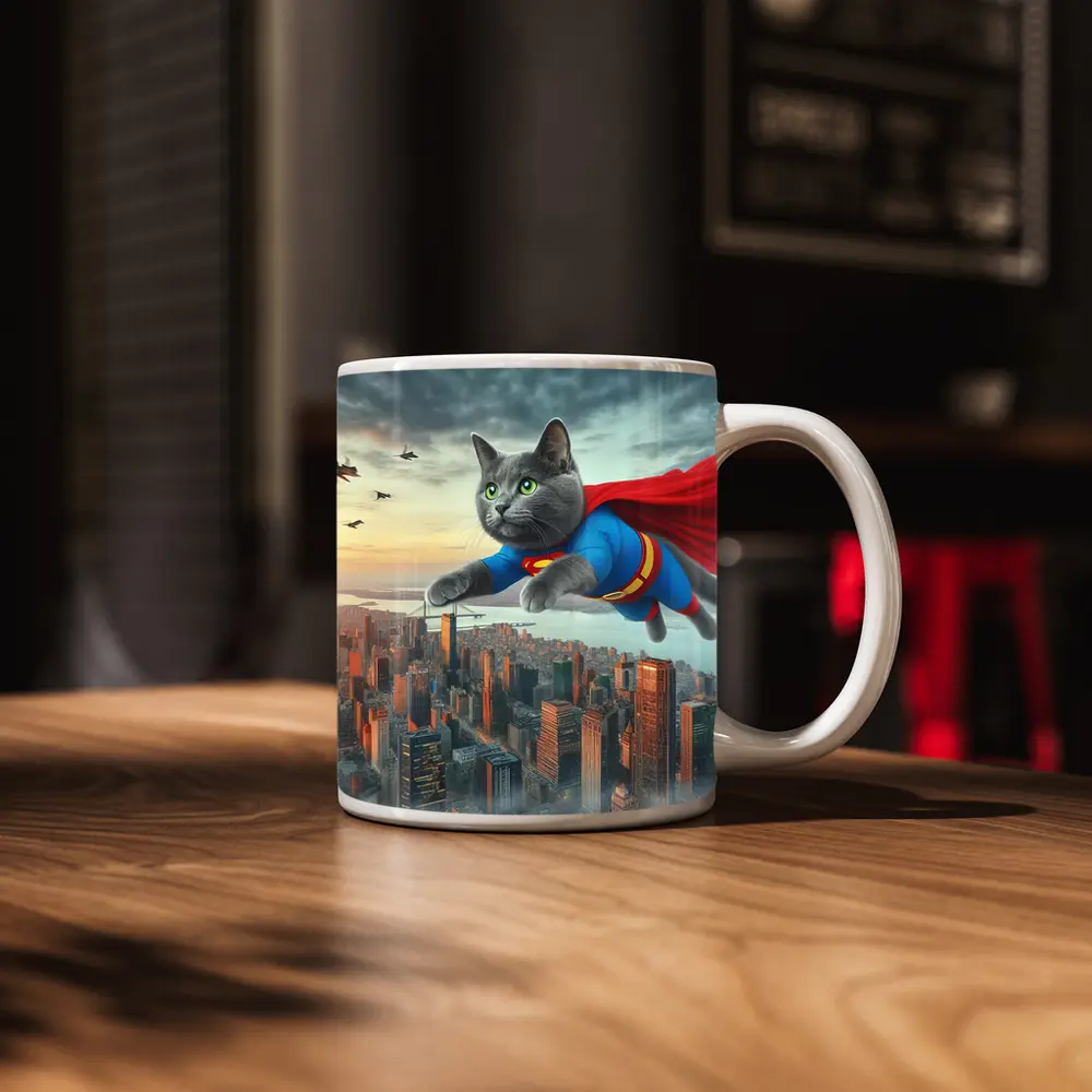 Gray Cat Superman Flying Over City – Mugs