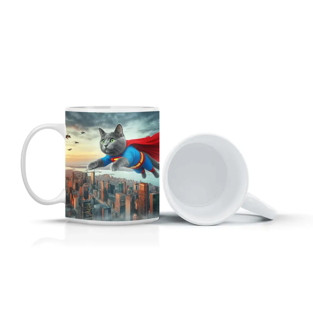 Gray Cat Superman Flying Over City – Mugs