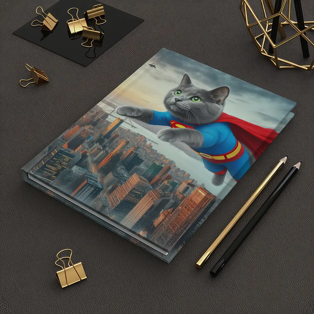 Gray Cat Superman Flying Over City – Notebooks