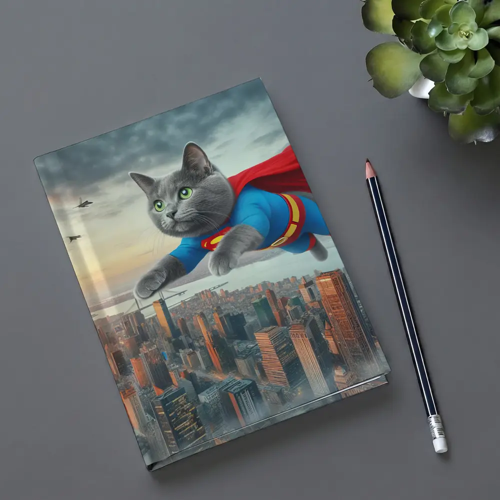 Gray Cat Superman Flying Over City – Notebooks