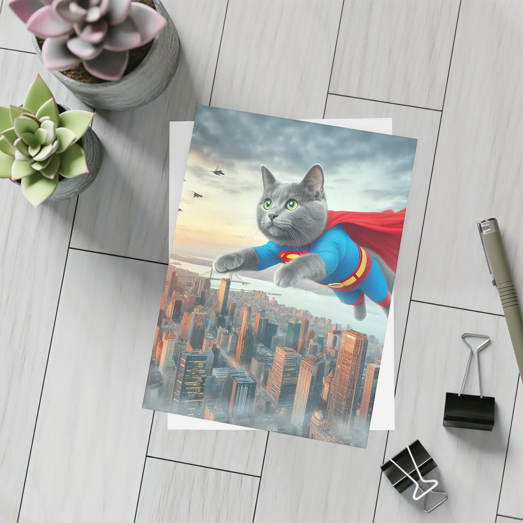 Gray Cat Superman Flying Over City – Postcards