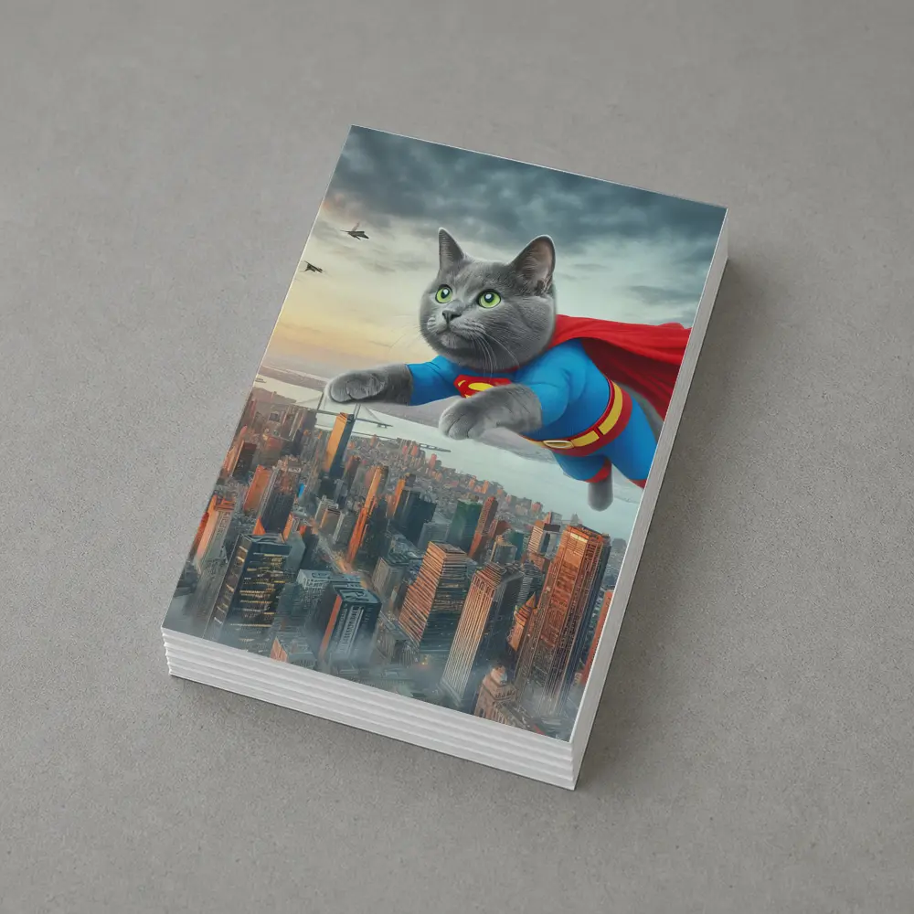 Gray Cat Superman Flying Over City – Postcards
